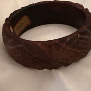 Vintage Carved Wood Bangle Bracelet Wide Dark Brown Chunky Mid Century